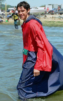 wading in wet hiking cape